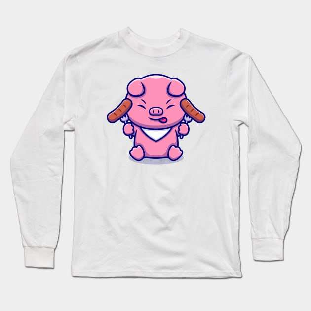 Cute Pig Chef Eating Sausage Cartoon Long Sleeve T-Shirt by Catalyst Labs